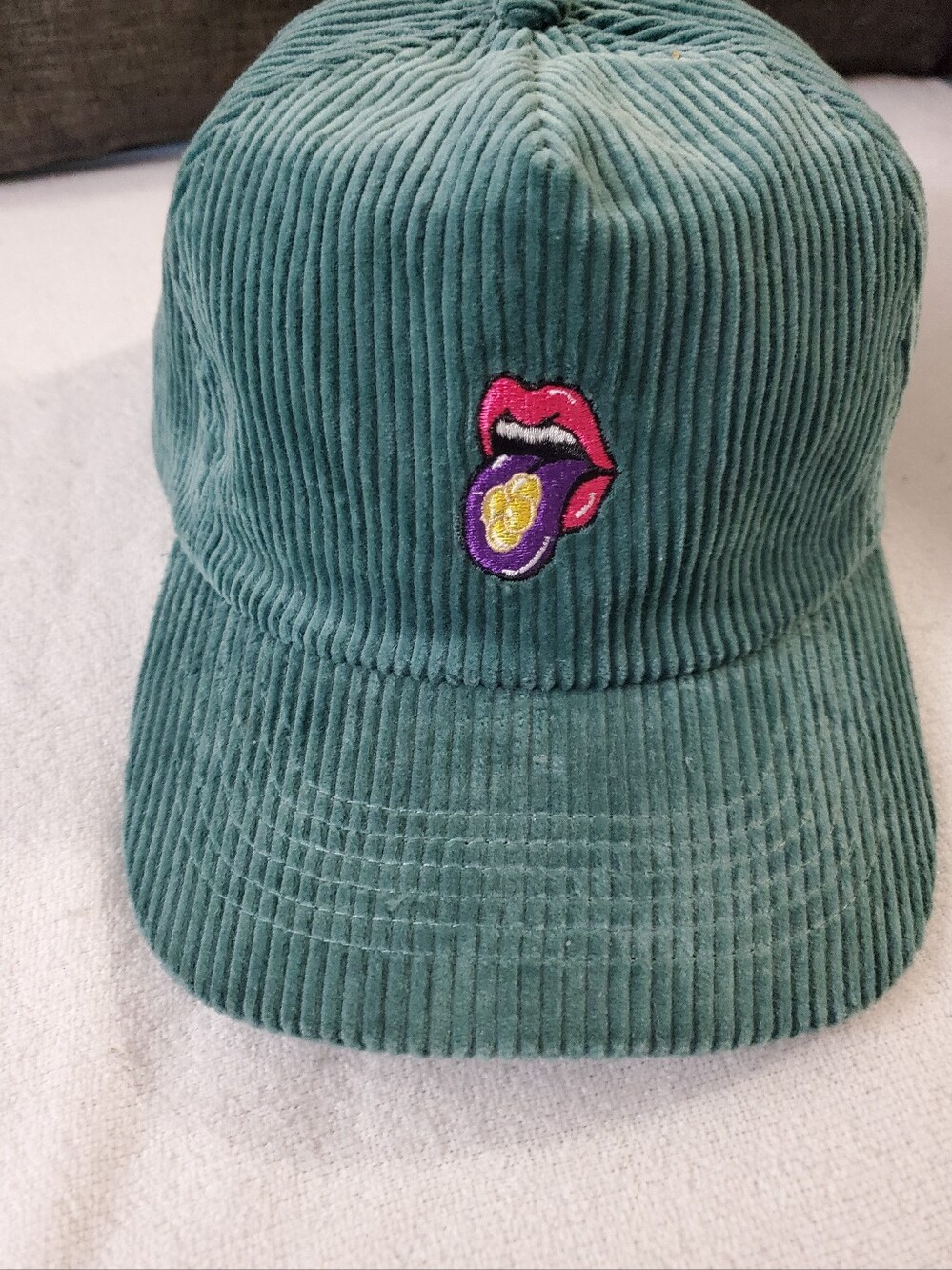Corduroy Dark Teal Baseball Cap with Embroidered Lips Patch